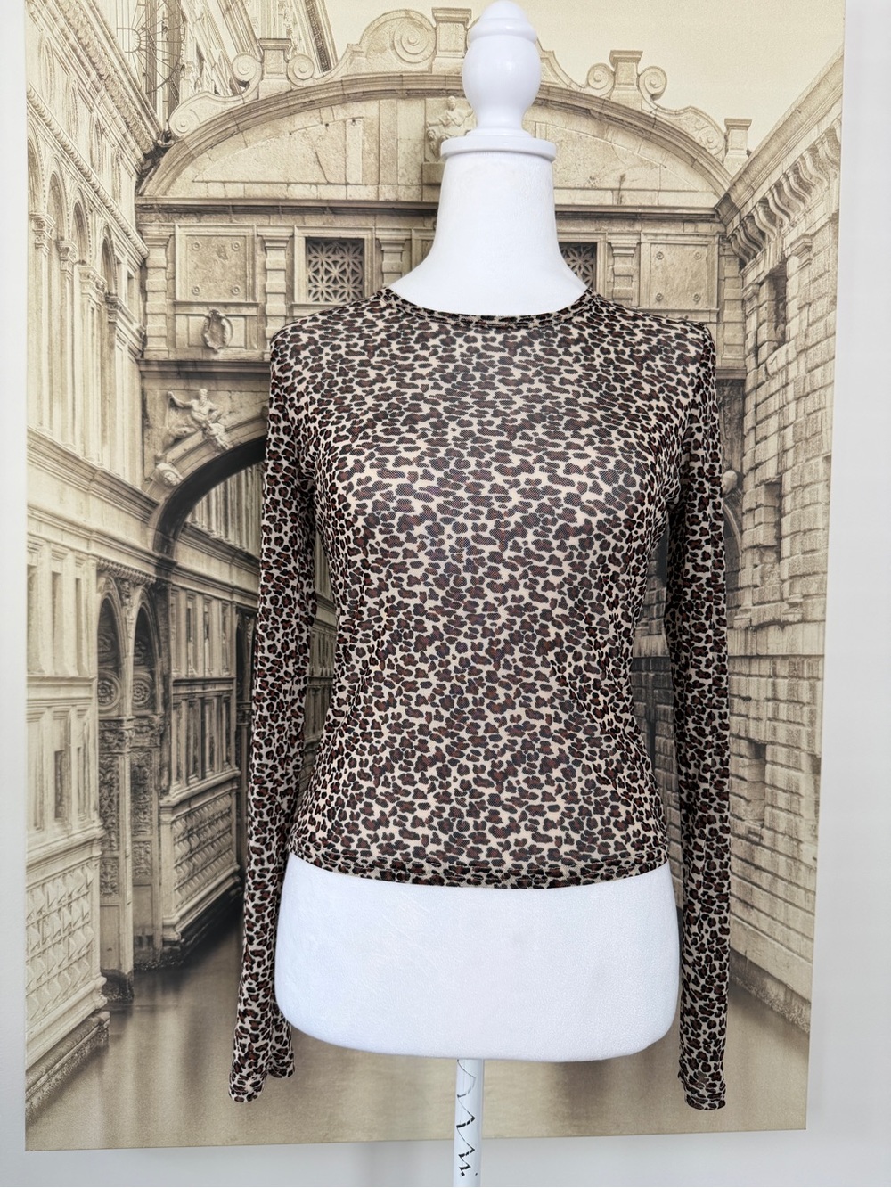 Preloved Like New Leopard Print Long-Sleeve Mesh Top - Brown